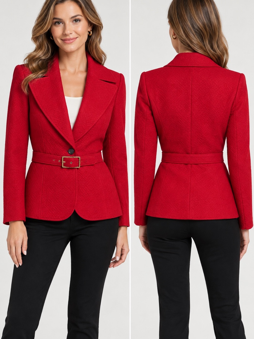 Valentino Red Textured Virgin Wool Belted Blazer